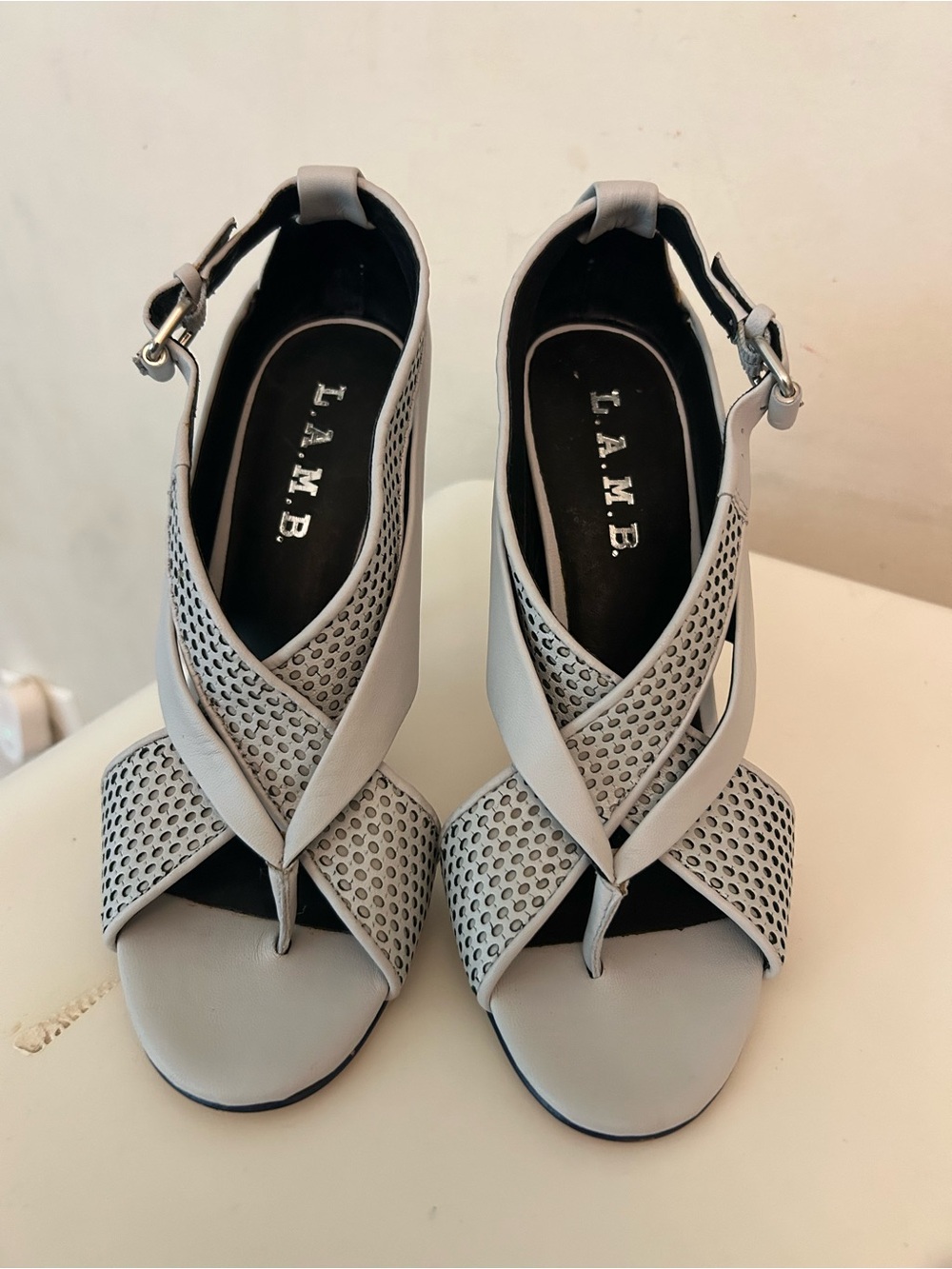 L.A.M.B. Light Gray Perforated Crisscross Heeled Sandals